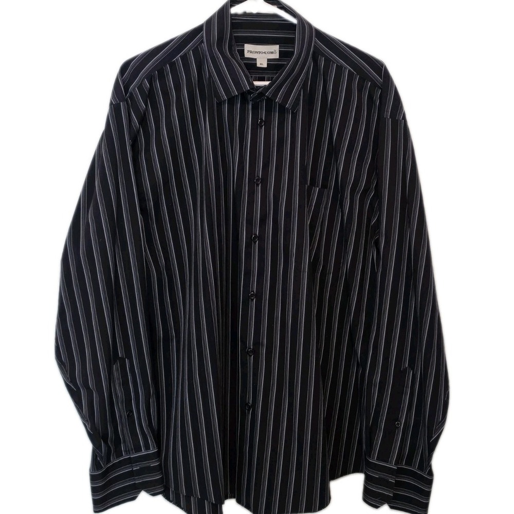 Pronto Uomo 100% Cotton Long Sleeve Button Down Shirt Black Gray Striped XL